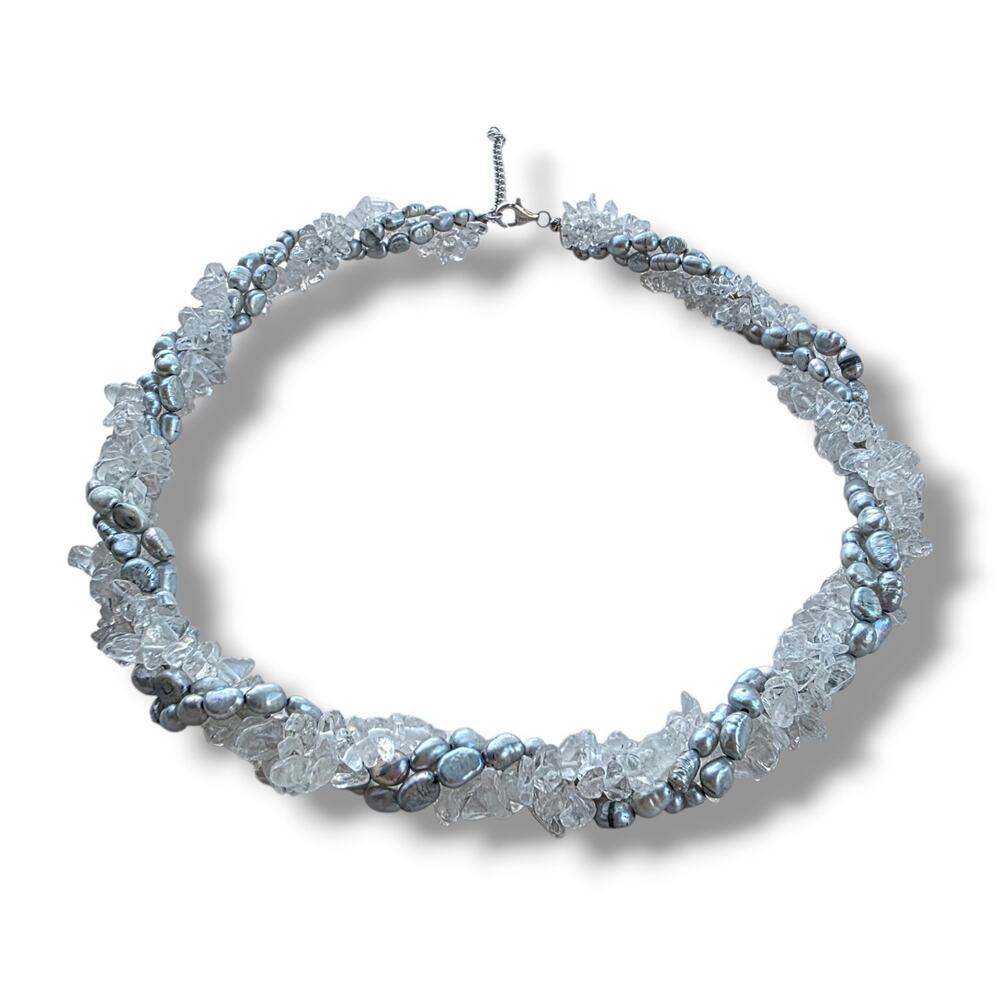 PZO HSN Sterling Silver 925 Gray Pearl Quartz Necklace Choker beaded‎ 18" New